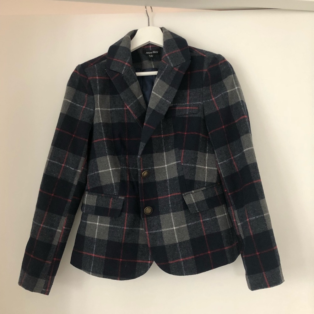 Navy, gray, and red plaid blazer S